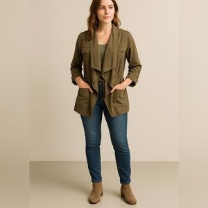 Caslon Olive Green Waterfall‎ Jacket drape Cotton Tencel Blend